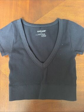 Garage Black Ribbed V-Neck Crop Tee